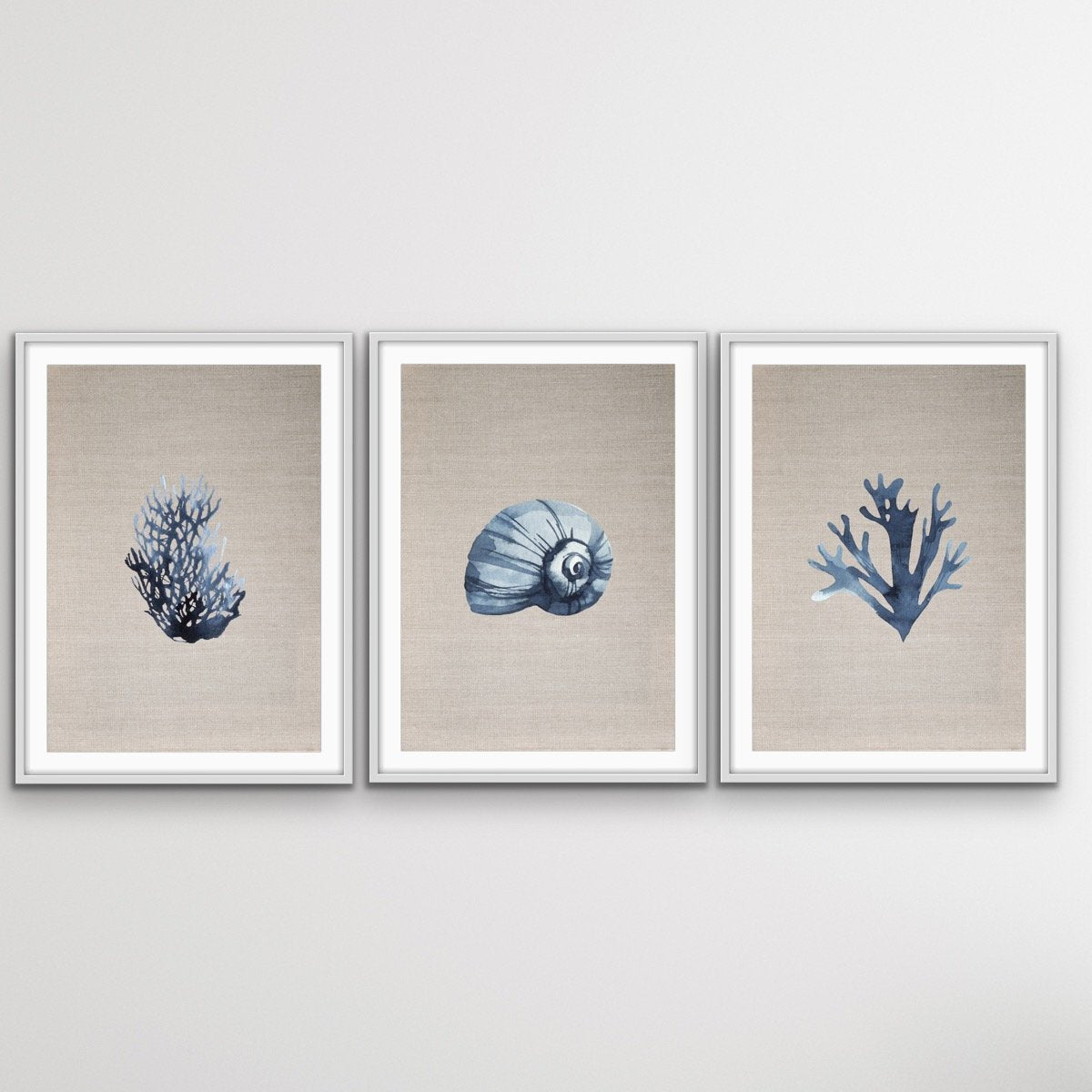 Hamptons Dark Coral On Linen Seaside Wall Art Prints - Three Piece Art Print