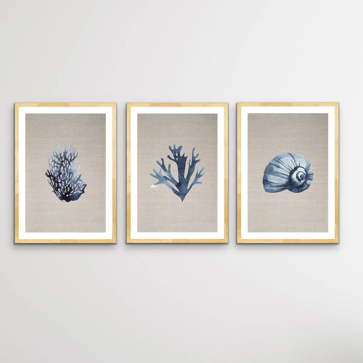 Hamptons Dark Coral On Linen Seaside Wall Art Prints - Three Piece Art Print