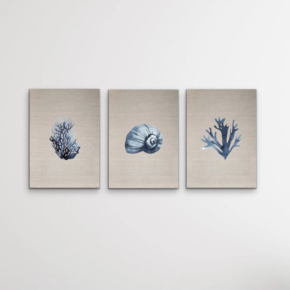 Hamptons Dark Coral On Linen Seaside Wall Art Prints - Three Piece Art Print