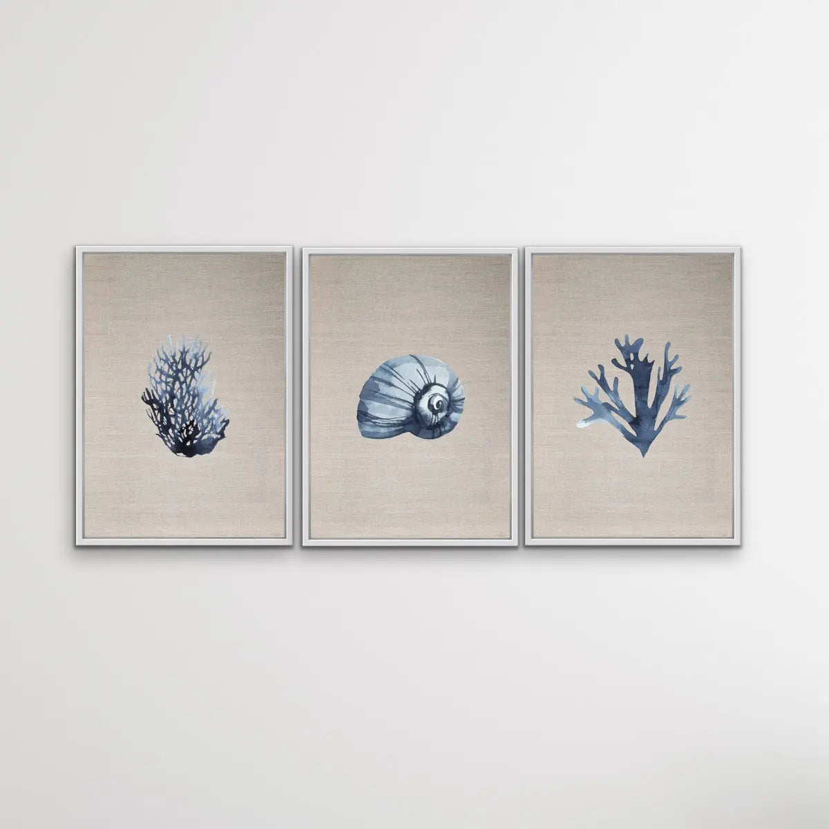 Hamptons Dark Coral On Linen Seaside Wall Art Prints - Three Piece Art Print