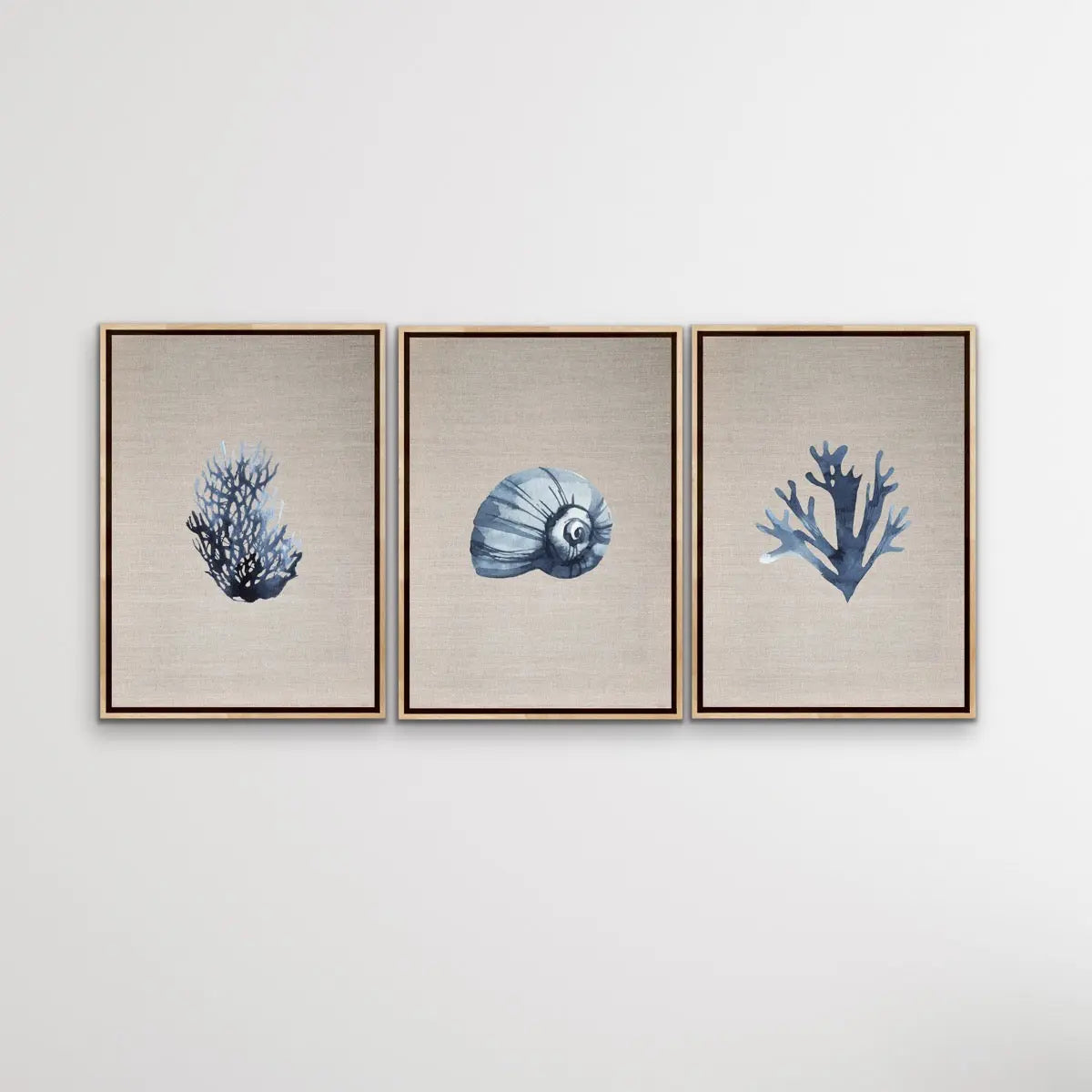 Hamptons Dark Coral On Linen Seaside Wall Art Prints - Three Piece Art Print